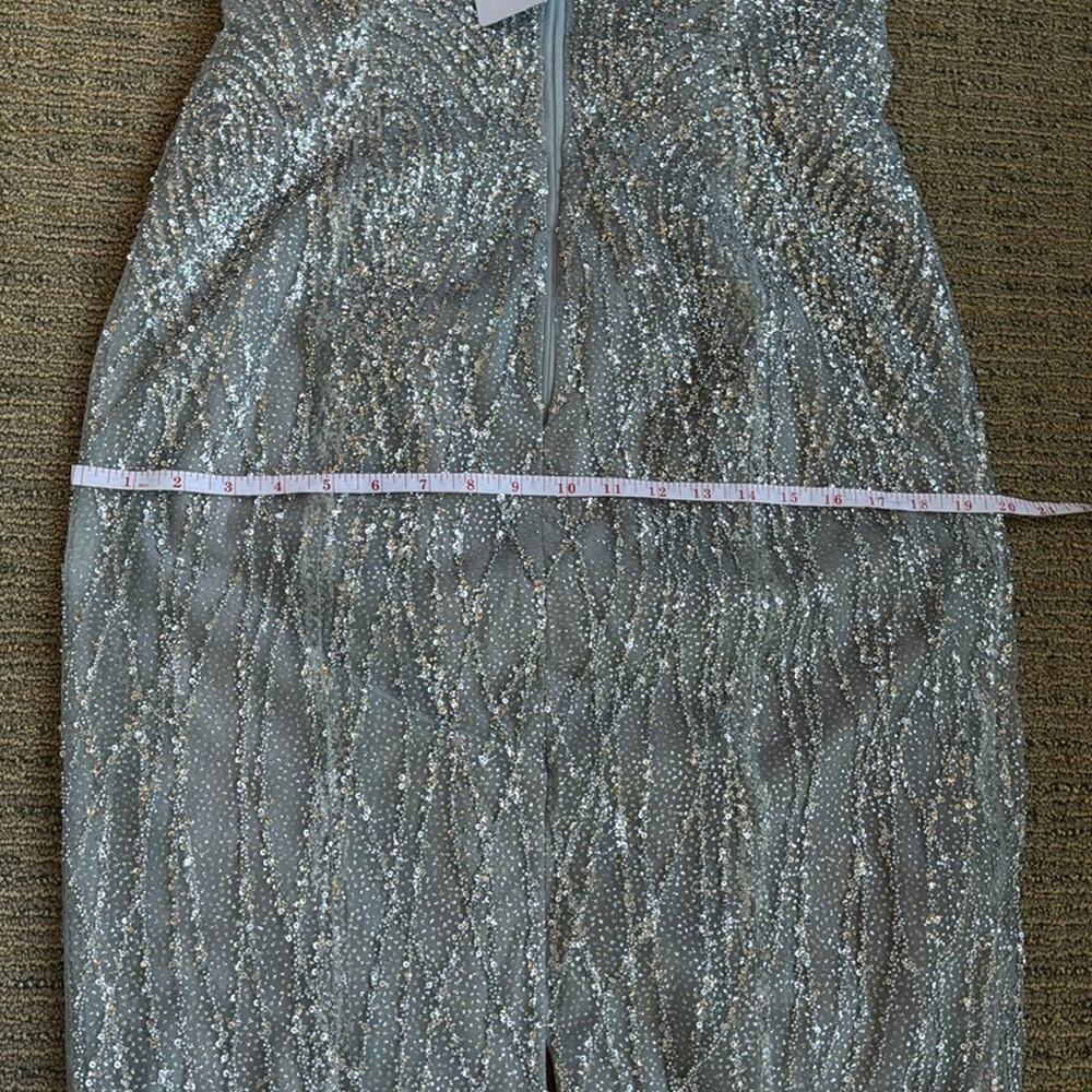Marchesa Notte Strapless Beaded Glitter Maxi Column Gown w Caplet silver NEW - Picture 12 of 15